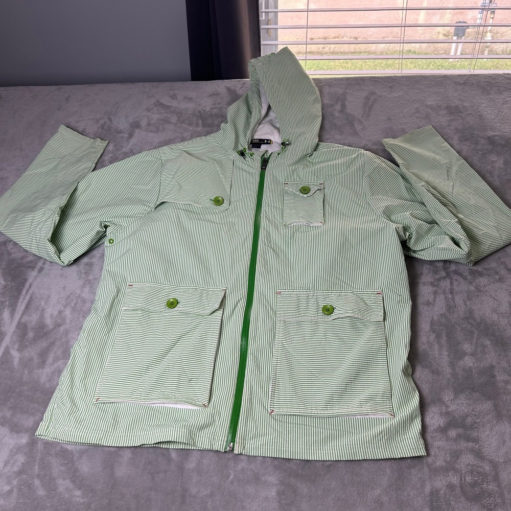 Under Armour Windbreaker Jacket Men's XL Green Stripe Hooded Full Zip